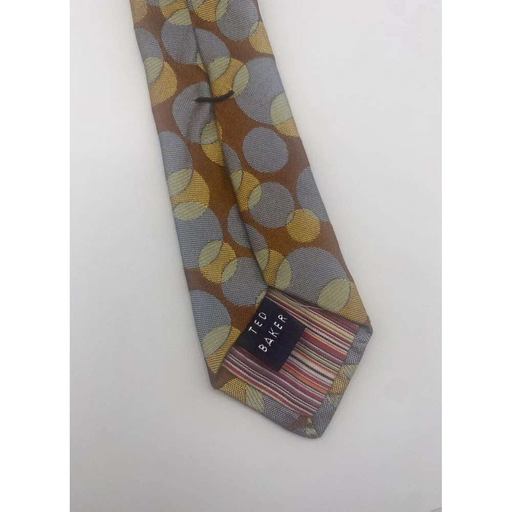 TED BAKER 100% Silk Geometric Overlapping Circles Tie – Gray, Gold & Brown